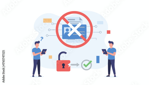 Conceptual illustration of KYC process verification, showing a user with a tablet, a red prohibition sign over an ID card, an unlocked padlock, and a checkmark, symbolizing secure identity