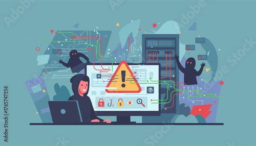 Cybersecurity threat concept illustration: A hacker in a hoodie uses a laptop and computer with a prominent warning triangle and exclamation mark, surrounded by server racks and abstract digital