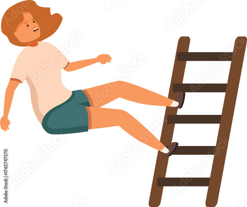 Young woman falling from wooden ladder after domestic accident, risk and danger at home