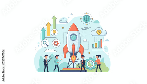 Vibrant vector illustration depicting a team of professionals preparing for a rocket launch, symbolizing business startup, growth, and innovation with elements like gears, graphs, and a globe