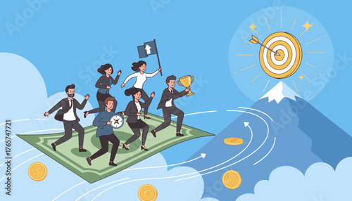 A diverse group of business professionals, led by a woman holding a trophy and a flag with an upward arrow, race towards a golden target on a mountain peak, symbolizing success, teamwork, and