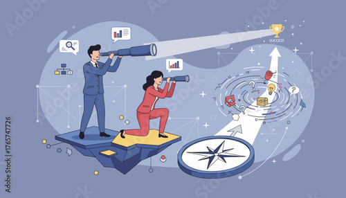 Visionary business professionals, a man and a woman in suits, use telescopes to look towards a shining trophy symbolizing success, navigating through uncertainty and complex challenges with a compass