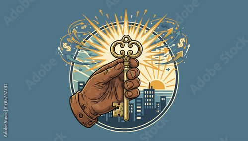 Golden vintage key held in a hand, symbolizing success and opportunity, with a bright light flash, upward arrows, and dollar signs indicating financial growth and prosperity against a cityscape