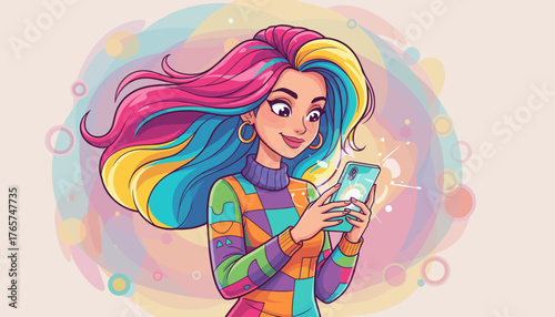 Vibrant young woman with colorful rainbow hair engrossed in her smartphone, surrounded by soft pastel circles and abstract shapes, conveying a sense of modern connection and joyful digital