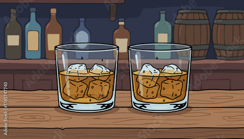 Two glasses of amber whiskey filled with ice cubes sit on a rustic wooden bar counter, with bottles and barrels blurred in the background, evoking a cozy and classic bar atmosphere for a relaxing