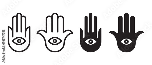 Hamsa hand with eye icon set. ancient protective symbol, palm of fatima.