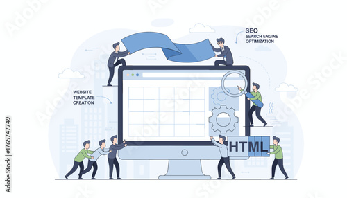 Team of professionals collaborating to build a website homepage layout and optimize it for search engines, showcasing HTML coding and template creation with a magnifying glass and gears symbolizing