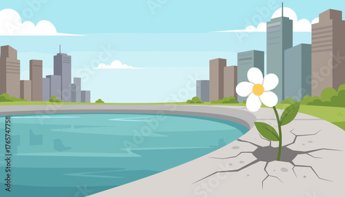 A single white flower with a yellow center bravely pushes through a large crack in the concrete barrier surrounding a tranquil blue body of water, with a cityscape of modern skyscrapers and green