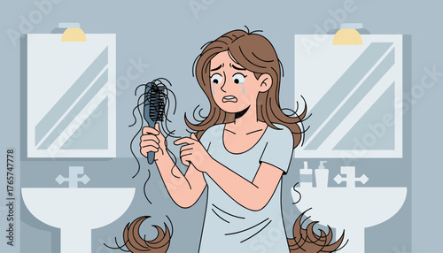 Distressed young woman crying in a bathroom, holding a hairbrush filled with fallen hair, symbolizing hair loss and alopecia, a common problem affecting self-esteem and confidence, with sinks and
