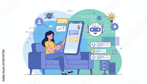 Modern illustration of a woman comfortably seated on a sofa, engaging in an online chat with an AI chatbot via her smartphone, surrounded by digital interfaces, data servers, and futuristic
