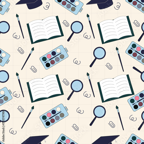 Seamless pattern featuring education and school elements such as books brushes caps and magnifiers on light beige background ideal for study art and learning themed designs