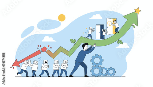 Business transformation concept: a determined team pushes a broken downward trend graph upwards, symbolizing overcoming challenges and achieving success with open doors leading to a bright future and