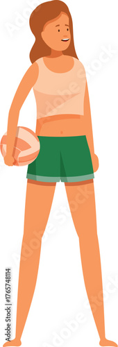 Female athlete holding volleyball, ready for beach volleyball match