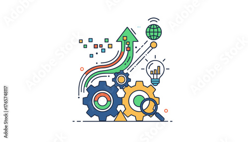 Abstract business strategy icons and symbols representing digital marketing, data analysis, and growth, featuring gears, upward trending arrows, a lightbulb with charts, a magnifying glass, and a