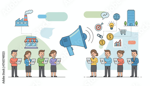 Modern flat vector illustration of business marketing concept, showing a megaphone broadcasting to a diverse group of people holding tablets, with icons representing strategy, finance, and global