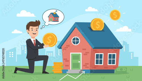 Businessman kneeling and depositing a large gold coin into a piggy bank house, symbolizing real estate investment and financial growth, with stacks of coins and money in the foreground and a city