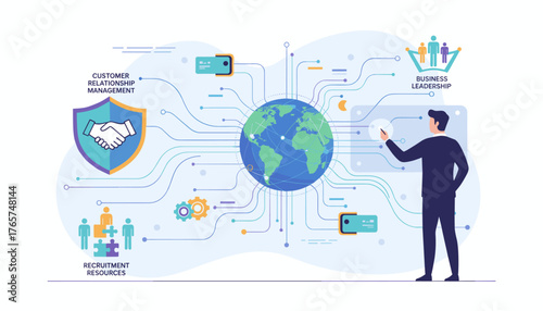 Businessman interacting with a global network structure, illustrating concepts of customer relationship management, recruitment resources, business leadership, and digital connectivity, representing