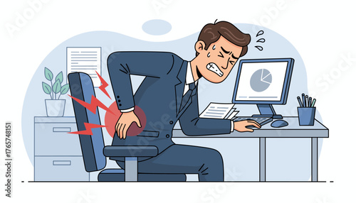 A stressed businessman in a suit grimaces in pain, clutching his lower back while seated at his office desk, suffering from severe backache due to prolonged sitting and poor posture, with a computer