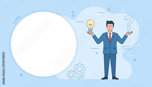 A businessman in a blue suit stands with a glowing lightbulb in one hand and an open palm facing upwards, symbolizing an idea or solution, while the other hand is raised with a question mark above