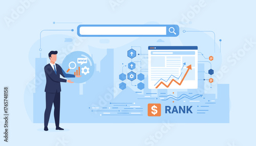 A businessman in a suit holds a virtual SEO icon, symbolizing analysis and strategy for website ranking and online presence, with a search bar and growth chart in the background, representing digital
