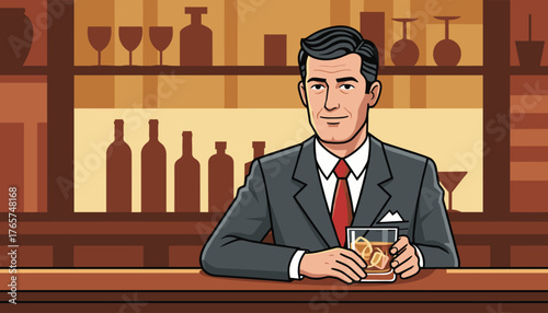 A sophisticated businessman in a sharp grey suit and red tie confidently holds a glass of whiskey with ice cubes, seated at a polished wooden bar counter, with shelves of bottles and glassware