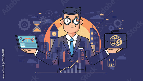 Dynamic businessman in a double exposure effect, balancing a tablet with performance metrics and a briefcase symbolizing global business, set against a vibrant cityscape with clock tower and