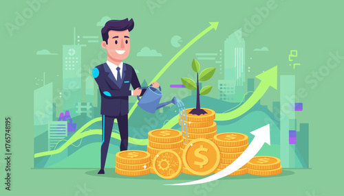 Vibrant illustration of a businessman in a suit watering a young plant growing from a stack of gold coins, symbolizing financial growth and investment, set against a backdrop of a modern city skyline