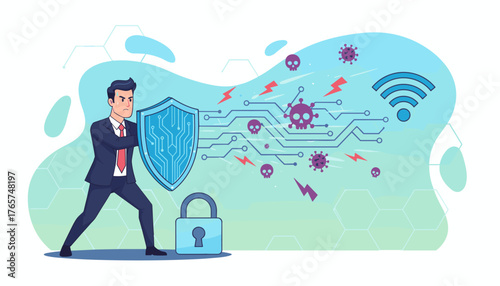 Businessman in suit holding a digital shield to protect network connection from viruses, malware, and cyber threats, symbolizing cybersecurity and data protection with a padlock and wifi icon in the