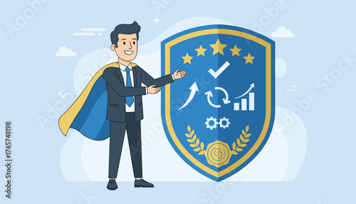 A smiling businessman in a suit and cape presents a shield symbolizing top service quality, featuring stars, a checkmark, growth charts, and gears, representing business excellence and customer