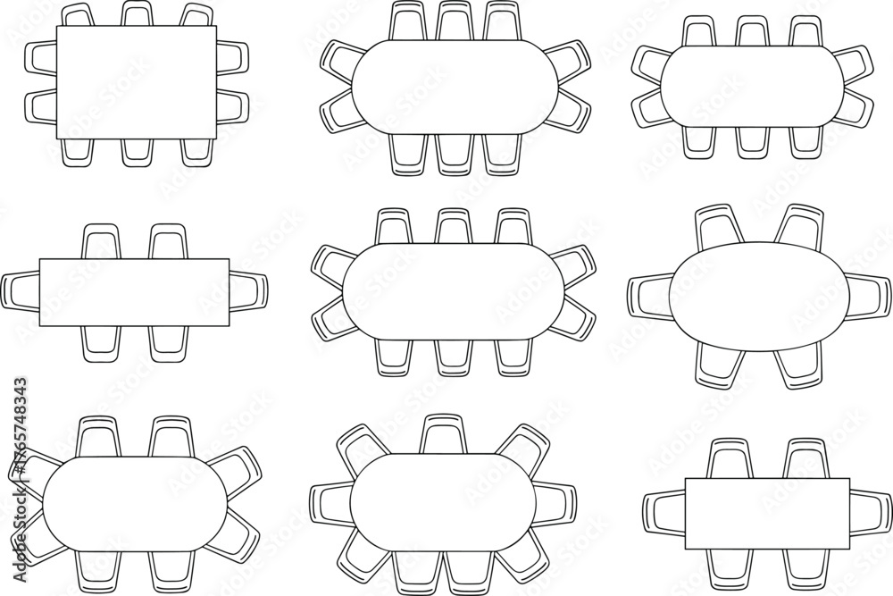 Fototapeta premium Table, chair, top, view, layout, seating, arrangement, furniture, dining, meeting, vector, sketch, outline,