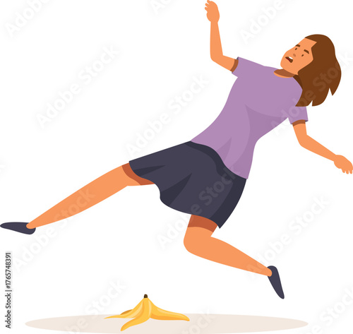 Woman falling down after slipping on banana peel, accident due to carelessness, clumsiness and danger concept