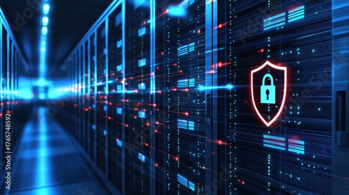 Futuristic IT data center with glowing blue and red lights and a digital lock shield icon representing cybersecurity, data protection, and secure cloud network infrastructure