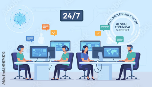 Global technical support center with operators working 24/7, providing customer service and assistance through computers and headsets, illustrating a modern call processing system and worldwide