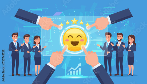 Customer service and satisfaction concept, business team evaluating feedback with happy emoji and star ratings on a digital interface, showing positive performance and growth charts, representing