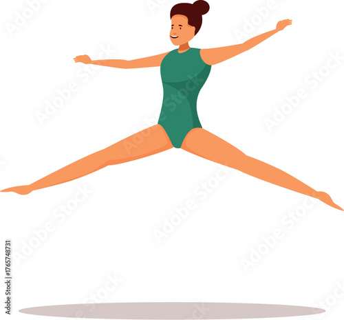 Young woman gymnast is performing a split jump, showcasing flexibility and athleticism