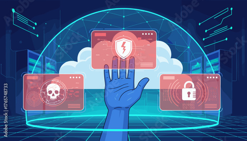 Cybersecurity alert concept illustration featuring a blue hand reaching towards a digital interface displaying a shield with a lightning bolt, a skull icon, and a padlock, set against a backdrop of