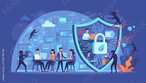 Cybersecurity in business: Protecting data privacy with a digital shield, hackers attempting to breach systems, and employees working diligently to secure sensitive information in a modern office