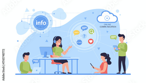 Vibrant illustration of a customer service live support concept, showcasing a friendly operator with a headset assisting clients via online communication channels, featuring chat bubbles, social