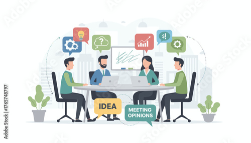 Diverse team of professionals collaborating around a table in a modern office setting, brainstorming ideas with colorful speech bubbles representing concepts like lightbulbs, gears, charts, and