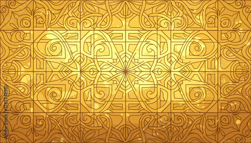 Intricate and glittering golden mosaic glass background with swirling ornate patterns and subtle light effects, evoking luxury and elegance, perfect for decorative or festive designs.