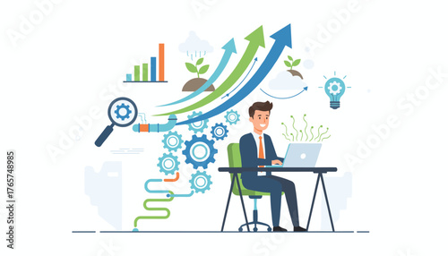 Business growth and efficiency improvement concept with a man working on a laptop, gears, pipes, charts, growing plants, and upward arrows symbolizing progress and innovation in a modern office