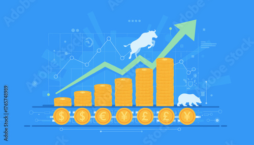 Vibrant financial concept illustration featuring a rising green arrow graph, stacks of golden coins symbolizing wealth and investment growth, alongside iconic currency symbols and silhouettes of a