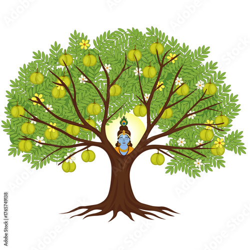 Amalaki Ekadashi Amla Tree Lord Krishna Worship Vector Illustration