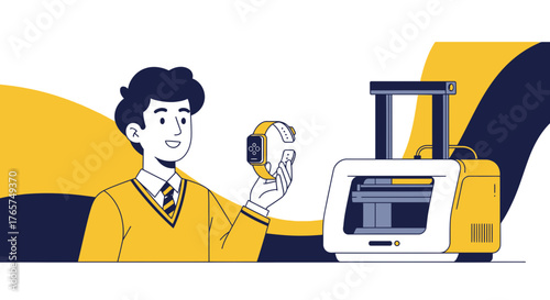 A smiling designer showcasing a 3D printed smartwatch next to the 3D printer machine