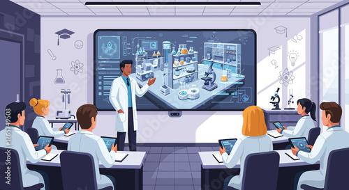 Advanced science classroom features a modern digital display for interactive learning experiences