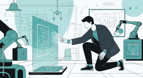 Architect visualizing construction project plans using automated systems and robotic arms