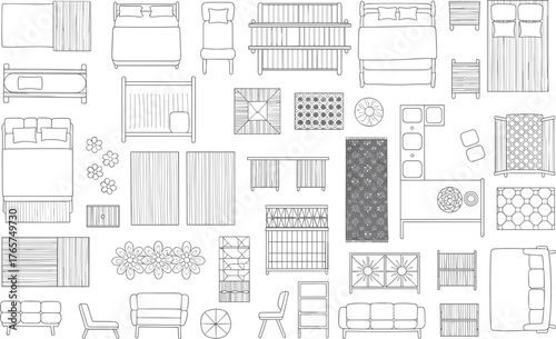 Top view bedroom and living room furniture layout, bed, sofa, rug, chair, cabinet, and table set, interior design floor plan symbols collection