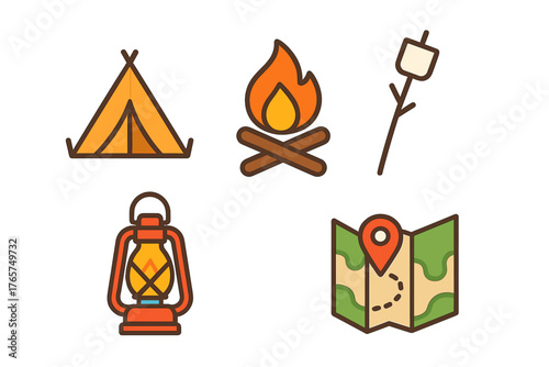 Outdoor camping and hiking essentials including tent, campfire, lantern, map, and marshmallow stick