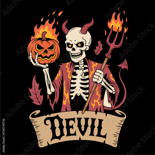 A skeleton devil with red horns holds a flaming jack-o'-lantern and a fiery trident.