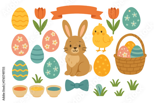 Cute Easter holiday set with bunny, chick, colorful decorated eggs, tulips, and basket
